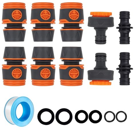 Garden Hose Connectors and Fittings Set 6pcs, Outside Tap to Hose Adapter for 1/2 & 3/4 BSP Taps, Quick Connect Hose Pipe Fittings with Double Male Connector, Washers & PTFE Tape for Garden Watering
