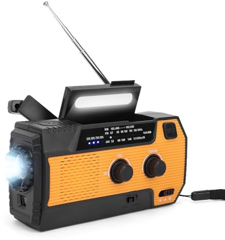 VISLONE Radio Solaire, Radio météo d'urgence AM/FM à manivelle, avec Dynamo, Chargeur USB Rechargeable 4 000 mAh, Alarme SOS, Lampe Torche LED, pour la Maison, Le Camping et la randonnée
