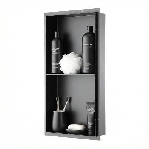 Shower Niche Wall Insert 60 x 30 cm, OUGOO Wall Niche with Tileable Edge | 304 Stainless Steel, Double-tiered Recessed Bathroom Storage Shelf, Trimless & Waterproof, Black