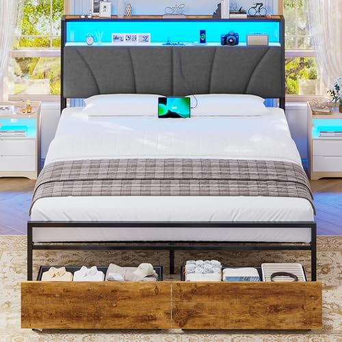 Brinlawb Marco de cama de 140 x 190 con somier de metal, cama de 2 personas con luces LED y enchufe (2 enchufes AC, 2 puertos USB-A) cama doble 140 x 190 cm con 2 cajones, fácil de montar, gris