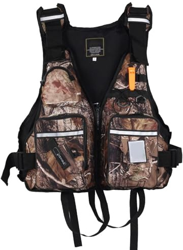 Gilet da Pesca con Cerniera e Cinturino, Fischietto, Giacca con Tasche for Barche, Kayak, Rafting(Camouflage)