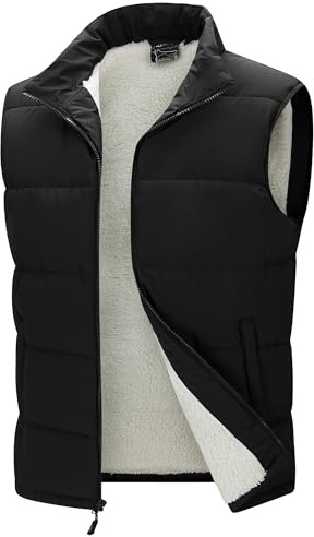 33,000ft Mens Puffer Vests Winter Fleece Lined Waistcoats Padded Outerwear Gilet Water Resistant Quilted Gilet Outdoor Work Vest Sleeveless Jacket with 5 Pockets Black L