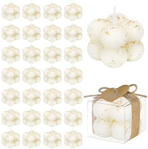 30 Sets Handmade White Bubble Candles with Gold Foil, Mini Scented Candle Bulk for Baptism Party Bridal Shower Birthday Thank You Gifts, Wedding Favours for Guests, Table Centerpiece