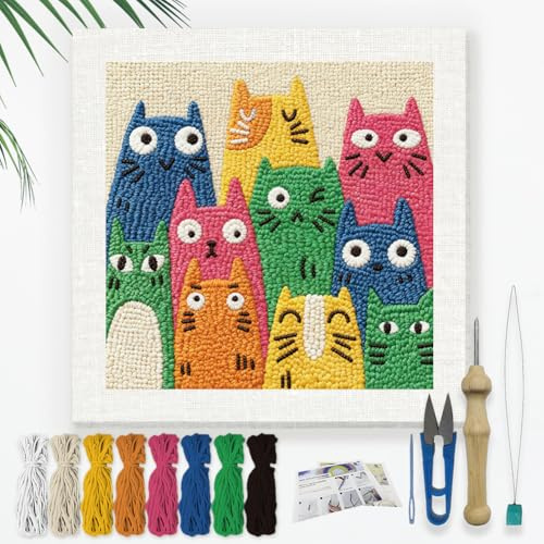 DOODLREAM Kit de bordado de aguja de perforación de gatos coloridos para principiantes, 24 cm, juego de manualidades para principiantes con marco, patrón de tela, enhebrador, hilo, aguja de