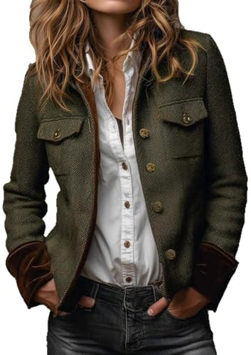 Tweed Jackets for Women Military Green Hunting Style Coat with Corduroy Trim Cuff Casual Button down Outerwear for Spring (S)