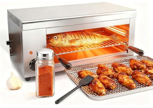 Elektrisk Salamandergrill, Kommersiell 2000W Salamander Broilerugn Ostsmältare Rostfritt stål med Avtagbar Smulbricka 4 Höjdjusterbar för BBQ, Pizza, Biffar