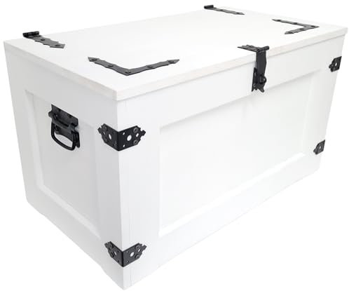 weeco Cesto Bianco 80 cm, cestino di immagazzinaggio. Baule in legno con quattro ruote, adatta come tavolino da caffè, in stile vintage/loft con coperchio apribile e spazio per riporre oggetti