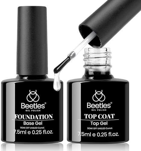 Beetles 2Pcs No Wipe Gel Top Coat and Base Coat Set, High Gloss Clear Long Lasting Base and Top Coat, Soak Off Nail Art DIY at Home
