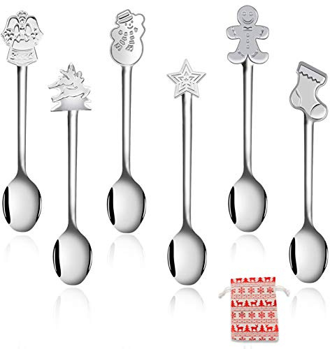 HOWAF 6 Piezas de Cuchara de Acero Inoxidable de Navidad, cucharas para Mezclar de Postre, té y café, Rellenos de calcetín navideño para Helado de Postre