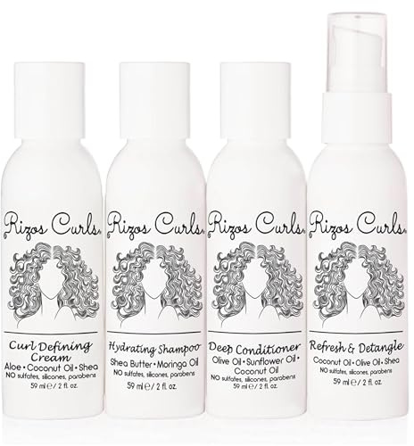 Rizos Curls 4-Step Travel Kit for Curly Hair: Curl Defining Cream, Shampoo, Conditioner, Refresh & Detangle (2 fl oz each)