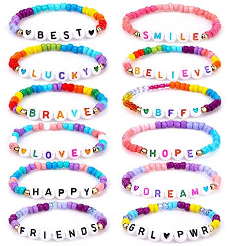 Lorfancy 12Pcs Kids Bracelets for Girls Letter Beads Bracelets Toddler Baby Cute Friendship Princess Stretchy Pretend Play Bracelet Costume Jewelry Accessories (A-12 pcs)