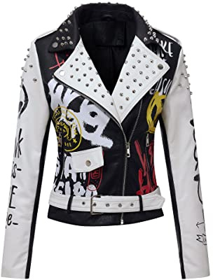 RISISSIDA Studded Leather Jacket Women Moto Motorcycle Faux Leather Short Coat Black-white 0477 M