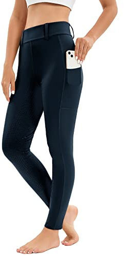 Havideto Reitleggings Damen Vollbesatz mit Handytasche, High Waist Reithose Damen Mädchen Stretch mit Gürtelschlaufen Marine Blau S