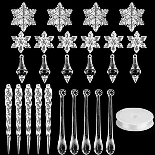 Acryl Weihnachtsbaumschmuck,27 Stück Schneeflocke Eiszapfen Weihnachtsdekorationen mit transparenter Linie,Klare hängende Ornamente Anhänger für Weihnachtsfeierdekorationen