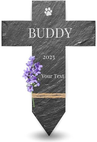 Fineely® Croix funéraire en ardoise pour animaux avec gravure personnalisée I Dimensions : 30 x 20 cm I Pierre commémorative pour chien, chat et autres animaux de compagnie I Cadeau funéraire