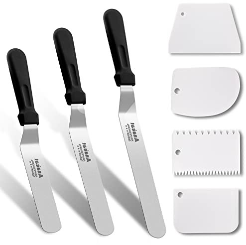 Anaeat Zuckergussspatel, 3 Stück, professionelle, abgewinkelte, versetzte Zuckergussspatel mit 6 Zoll, 8 Zoll, 10 Zoll Edelstahlklingen und 4 Stück Kuchenglätter-Schaber für Kuchendekoration (7er-Set)
