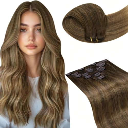 LaaVoo Echthaar Extensions Clip Aschiges Hellbraun mit Beigenuancen Clip Extensions Echthaar Remy Menschliches Haar Natürlich Blond 7PCS 40cm 105g #6/8/14