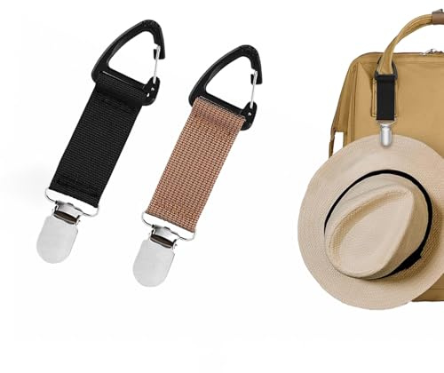 GOEDEKE 2Pcs Hat Clips for Travel on Bag, Hat Bag Clip for Traveling Bags Backpacks Purses Luggage Outdoor Travel Accessory (Black&khaki)