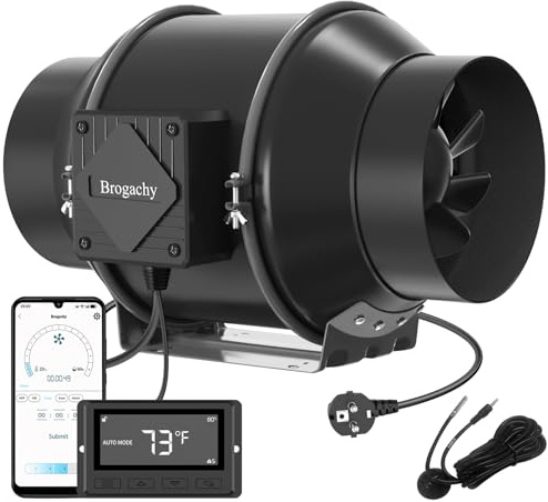 Brogachy 150 mm Intelligente Ventola Aspirazione Wifi App, Estrattore d'aria Trifase EC Motore,con Programmazione Della Temperatura e dell'umidità, Per Tende di Crescita, Soffitta Officina e Garage……