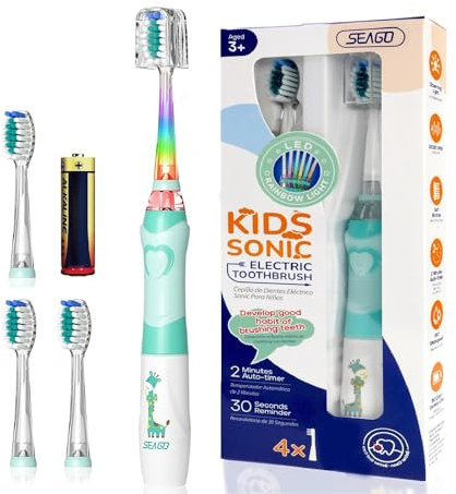 Elektrische Zahnbürste für Kinder, 3-12 Jahre, 2 Minuten Timer für gute Gewohnheiten, 4 weiche Ersatzköpfe, AAA-Batterie enthalten, farbige LED für Spaß beim Zähneputzen (Grün)