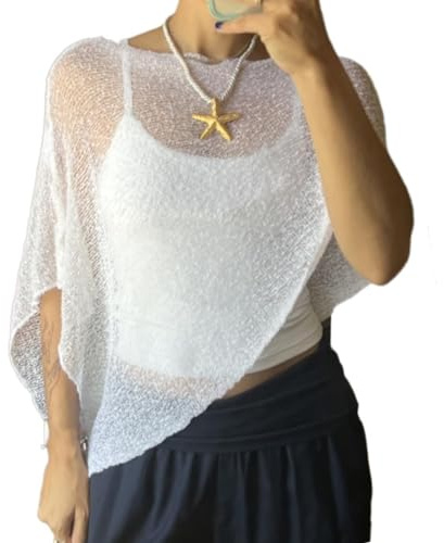 HAGZUL Mesh Poncho, Womens Sheer Poncho Shrug Bolero, Lightweight Summer Shrug Pullover Sweater White
