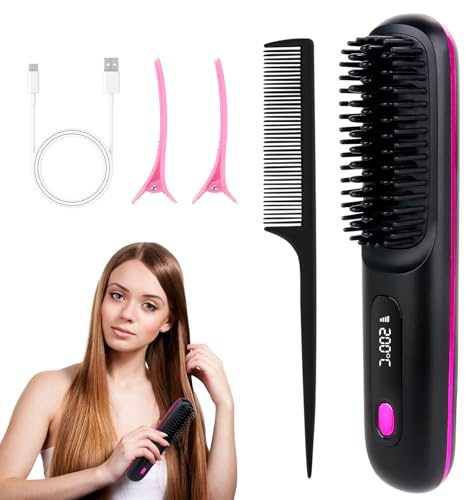 LYPPUL Spazzola Lisciante per Capelli, 160°C-200°C Spazzola Lisciante Senza Fili con Display LCD 3 Temperature, Senza Fili Piastra Lisciante per Capelli Lisci, Ricci e Mossi(Nero)