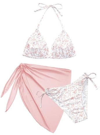 Svanco Dräkt för kvinnor 3-delat bikiniset - triangeltopp, sidoband och parar wrap trosor, blommönster för hav och pool, Rosa-blommor, M