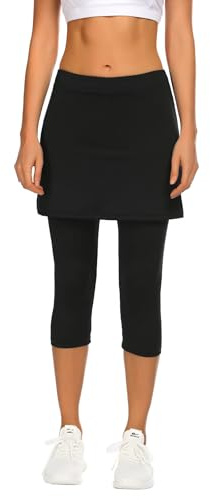 PINSPARK Women's Tennis Skirt 2 in 1 Running Skort with Tight Capris | High Waist Skirt with 3/4 Yoga Pants, Underneath Knee Length Culottes for Gym Golf with Pockets and Headphone Port