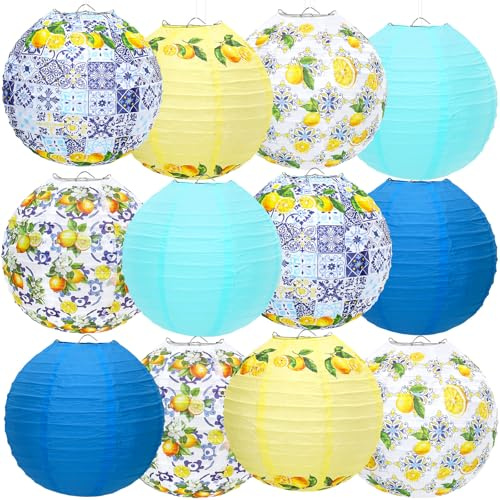 DECYOOL Capri Lemon Pattern Paper Lanterns,12 Pack Mediterranean Party Decor with White, Yellow, and Blue Designs for Indoor Outdoor Celebration