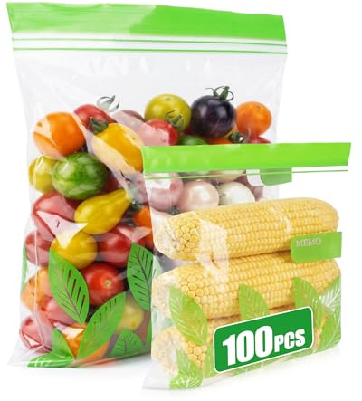 Acual 100 Bolsas Congelación Reutilizables - Bolsas Grandes con Cierre Zip Hermético, Bolsas de Almacenamiento Alimentos Sin BPA para Batch Cooking, Frutas, Sandwich, Nevera y Congelador - 1.1L & 4.5L