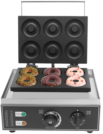 GYZOUKA Macchina per Ciambelle Commerciale, Macchina per Ciambelle Elettrica con Riscaldamento Bifacciale a 6 Fori con Timer Preciso, per Negozio di Dolci da (Spina europea 220 V)