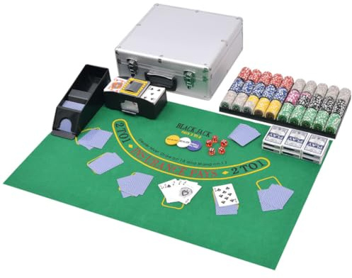 Runheo Poker lekset och Blackjack-set med 600 laserchips, aluminiumfodral, kortblandare, 6 spelkortsuppsättningar, 6 chiphållare, 5 kuber, matta för casino kväll, turnering, resor, hemrunda