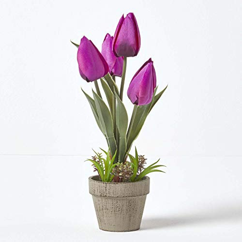 HOMESCAPES Tulipanes artificiales morados en tarro de pulpa de papel, 27 cm