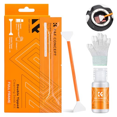K&F CONCEPT Sensor rengöringsset med mikrofiber Swabs 24 mm x 10 st och 20 ml flytande rengöringsmedel för fullformatkameror och handskar, 3-i-1 rengöringssats för DSLR-kamera objektiv dator