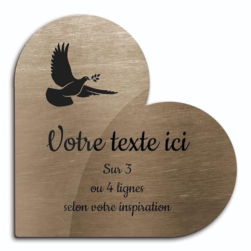 Placa grabada funeraria con diseño de una paloma con rama modelo 1 autoadhesivo, modelo corazón (15 x 15 cm) personalizada de 1 a 3 líneas Bronce