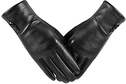 Kebesu Winter Fashion Leather Gloves for Women, Touch Screen Wool Lined Outdoor Windproof Warm Suede Driving Dress Gloves