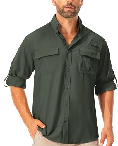Asfixiado Camisa para hombre Safari UPF50+ protección UV, camisa de senderismo de manga larga, camisa funcional para exteriores, transpirable, de secado rápido, informal, con botones, verde militar, L