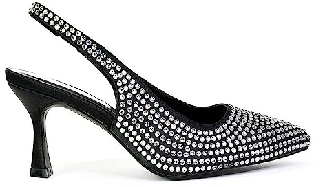 Womens Diamante Bridal Shoes Ladies Slingback Point Toe Low Heel Wedding Party Black Court Shoes Size 4