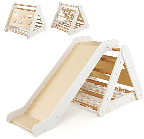 LIFEZEAL 4 en 1 Triangle d’Escalade avec Toboggan Bois, Filet à Grimper, Planche et Échelle, Cadre d’Escalade Triangulaire l’Intérieur, Charge de 50 kg, Enfants 1 +Ans (Beige)
