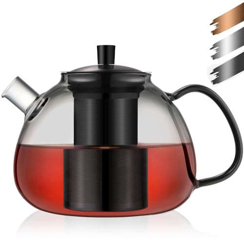 ecooe Schwarz 1500ml Silberne Teekanne aus Glas Borosilikat Glas Teebereiter mit Abnehmbare 18/8 Edelstahl-Sieb Rostfrei Hitzebeständig für Schwarzen Tee Grüner Tee Fruchttee Duftender Tee Teebeutel