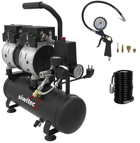 siwitec Flüsterkompressor SK-550 inkl. 5 m Druckluftschlauch und Reifenfüller mit 4 Adaptern | Kompressor mit 550 W, 6 L Kessel, max. Druck 8 bar, 56 dB, 106 l/min Ansaugleistung | ölfrei