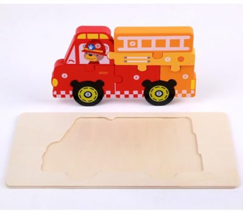 Holzpuzzle, wählbar als Feuerwehr, Polizei, Krankenwagen, Müllauto, Schulbus, Dampflok, Montessori Greifpuzzle (Feuerwehr)