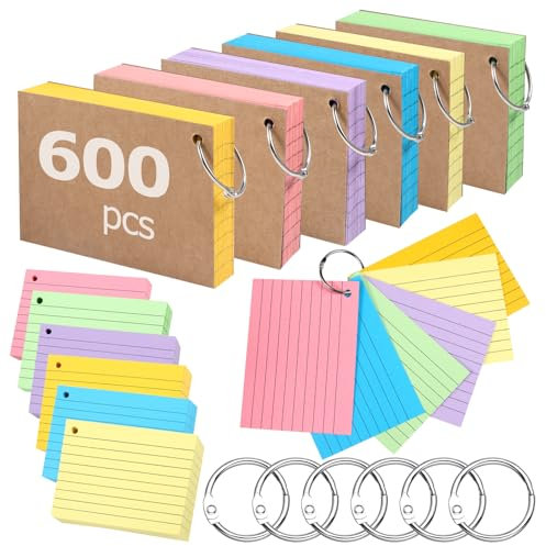Siumir 600 Stücke Karteikarten, Doppelseitiger Druck, A7 Lernkarten, mit Krafteinband und Loseblattring, Sechsfarbige Linierte Karteikarte, geeignet für Büros & Wohnungen & Schulen (10,4 x 7,6 cm)