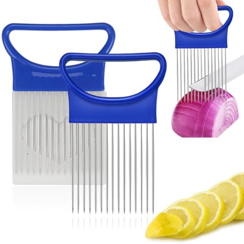 UEIOAVL Mandoline Affettatrice per cipolla in acciaio inox 2 pezzi per affettare pomodori cipolla aiuto per tagliare (blu)