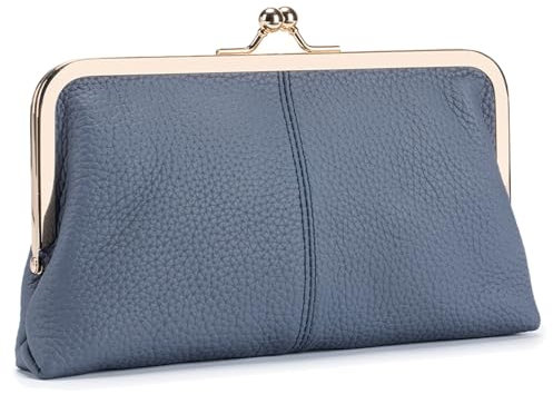 Karoukee Weiches Echtleder Geldbörse für Frauen, Vintage Style Damen Handy Geldbeutel, Elegantes Portemonnaie mit 8 Kartenfächern, Goldener Kuss-Schloss-Verschluss, Blau