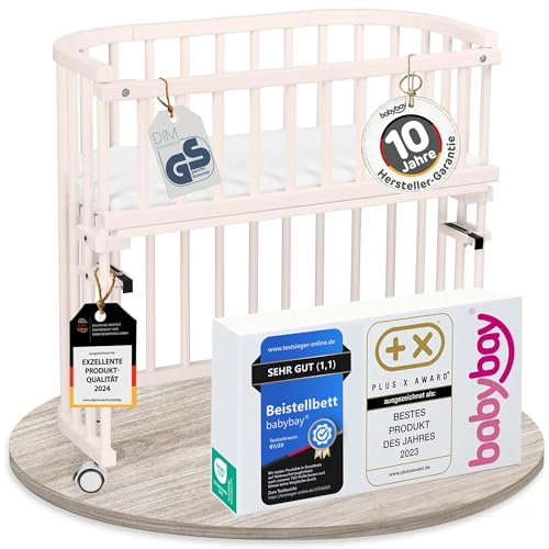 babybay Original Beistellbett aus massivem Buchenholz/kompakt & verwandelbar/Kinderbett Höhe stufenlos verstellbar/mitwachsendes Babybett (beige lackiert) / inkl. Matratze, Gitter, Rollen