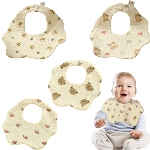 RVYEIOP 4 Baberos para bebé, Suaves y absorbentes Baberos de Muselina, Baberos para Las babas, paños para eructar con Botones a presión para bebés y niños pequeños