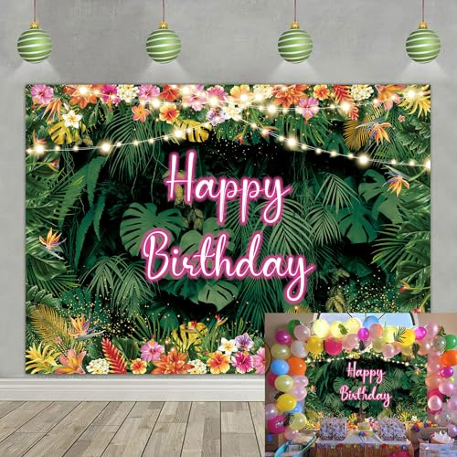 Toile de fond d'anniversaire tropicale avec feuilles de palmier hawaïennes « Happy Birthday » pour enfants et adultes, thème Aloha Luau, décorations de fête d'anniversaire (240 x 180 cm)