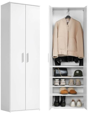 mokebo Mehrzweckschrank Garderobenschrank (60x180 cm) 'Der Lange' Made in Germany aus Holz mit integrierten Schuhfächern Schuhschrank Flurschrank Allzweckschrank Weiß