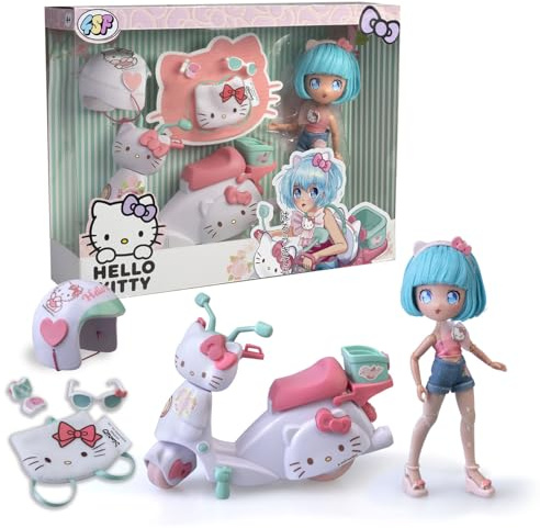 4SF - Hello Kitty Pretty Pink Scooter, Muñeca Fashion Japonesa con Moto y Accesorios, Figura de 19.5 cm con 15 Puntos de Articulación, Incluye Casco y Bolso, Top con Microshorts, Famosa (HKTF3000)